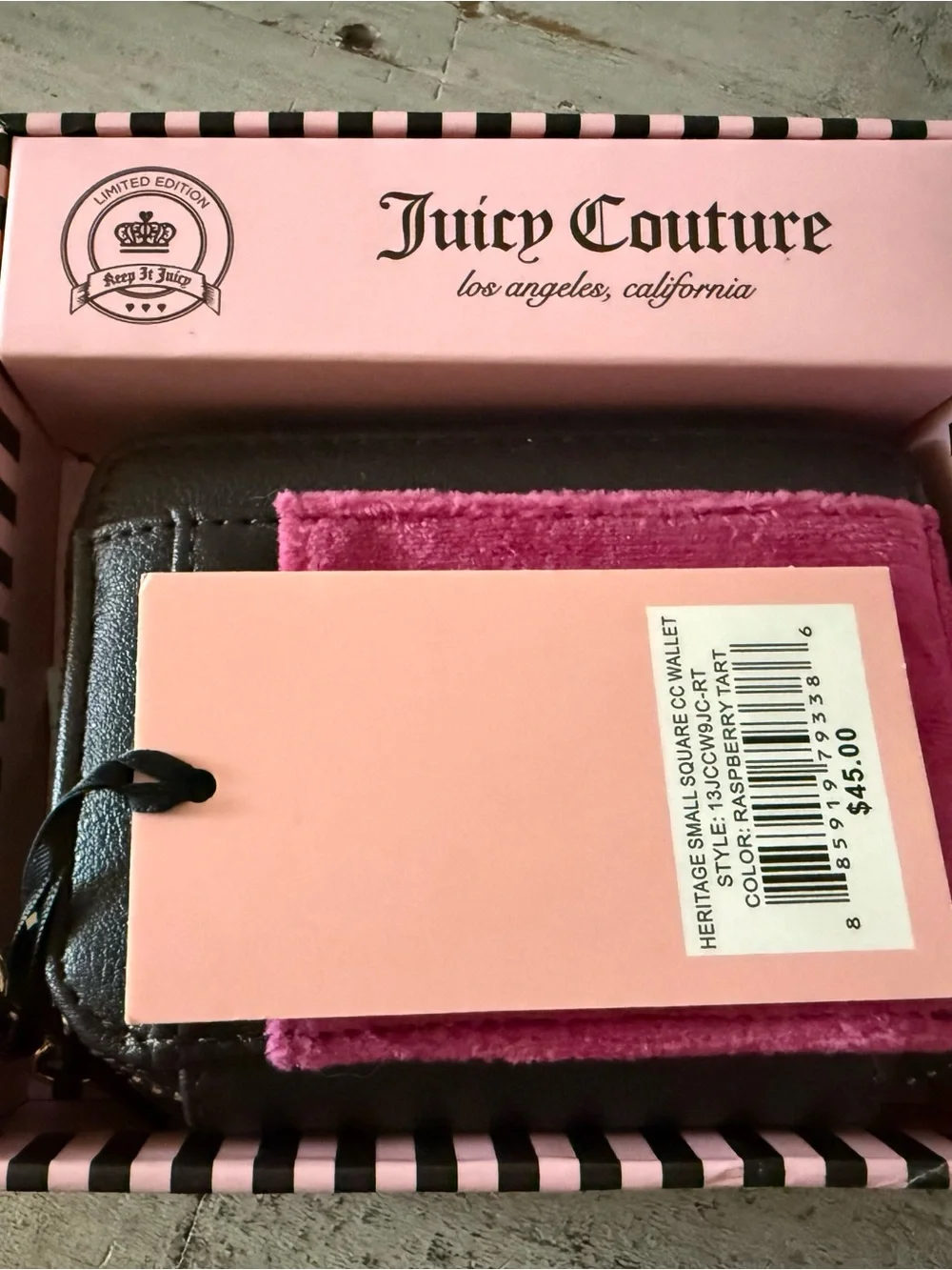 Juicy Couture Pink Velvet and Black Faux Leather Card Wallet
